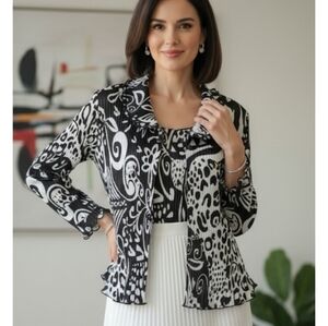 BALA BALA Black & White Abstract Patterned Ruffle Neck Formal Top Set Medium